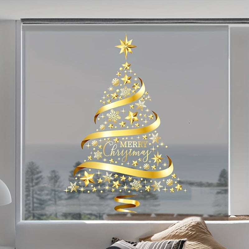 Golden Christmas Tree Window Cling - Reusable PVC Static Decal for Holiday Home & Office Decor, Easy DIY Installation