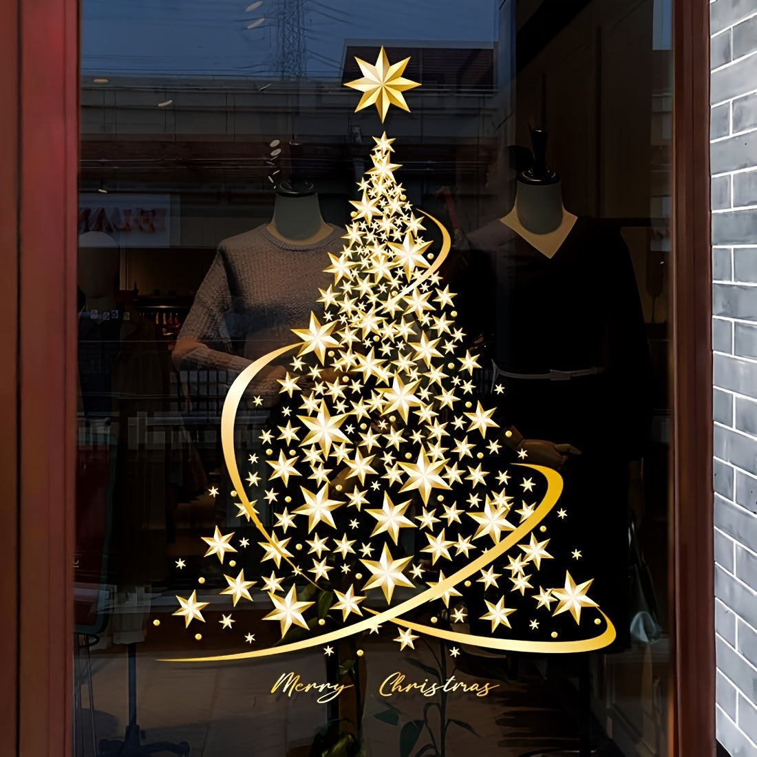 Golden Christmas Tree Window Cling - Reusable PVC Static Decal for Holiday Home & Office Decor, Easy DIY Installation