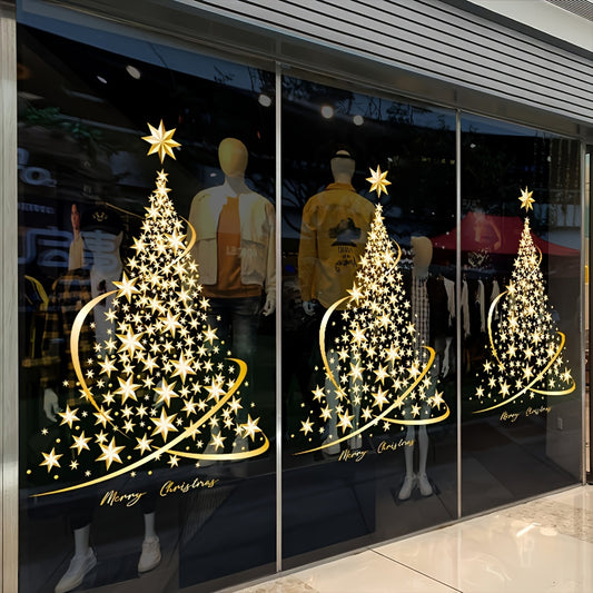 Golden Christmas Tree Window Cling - Reusable PVC Static Decal for Holiday Home & Office Decor, Easy DIY Installation