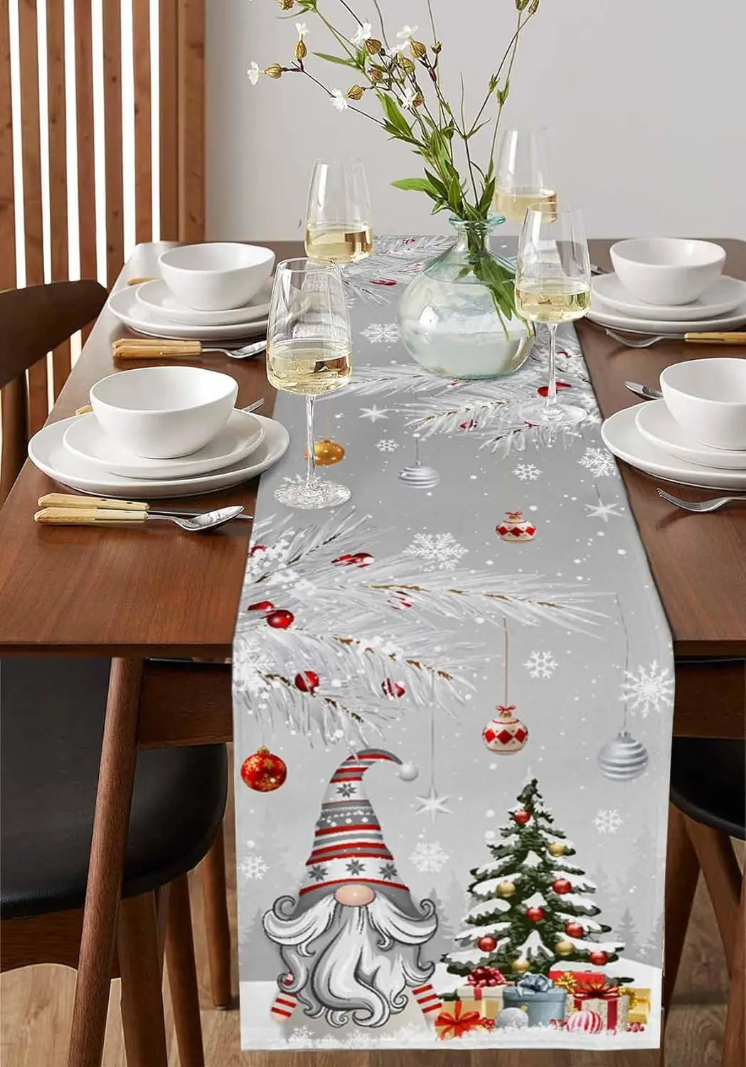 Christmas Blue/Pink/Gray Gnomes Linen Table Runner