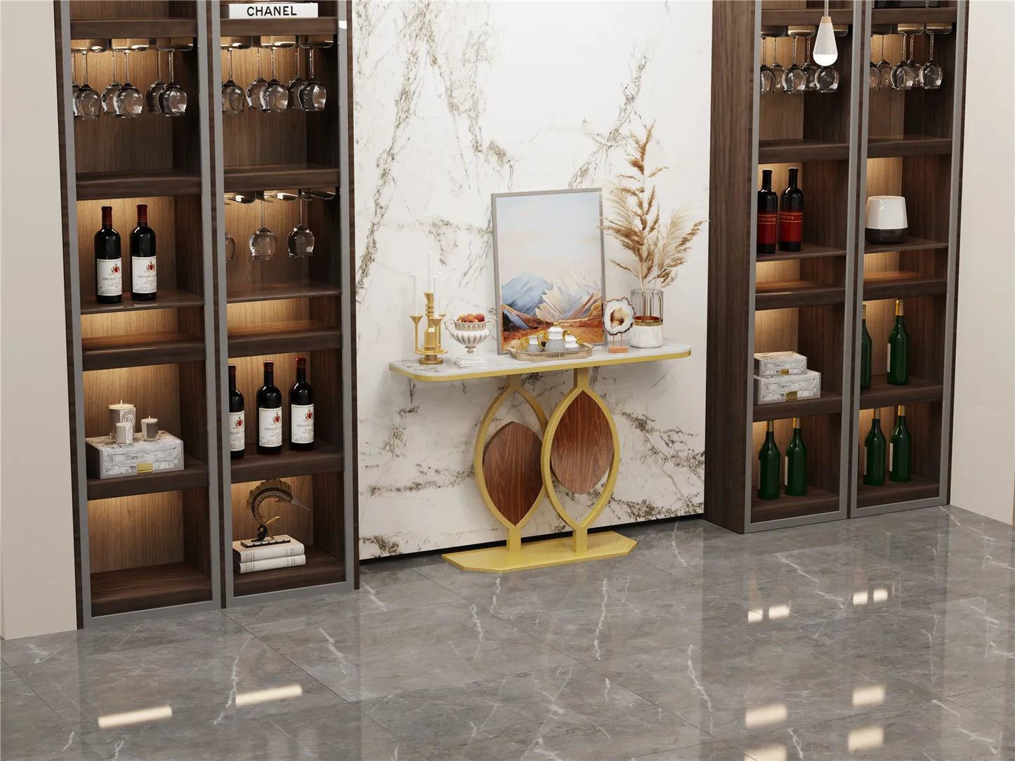 Modern Gold Console Table with Geometric Metal Base