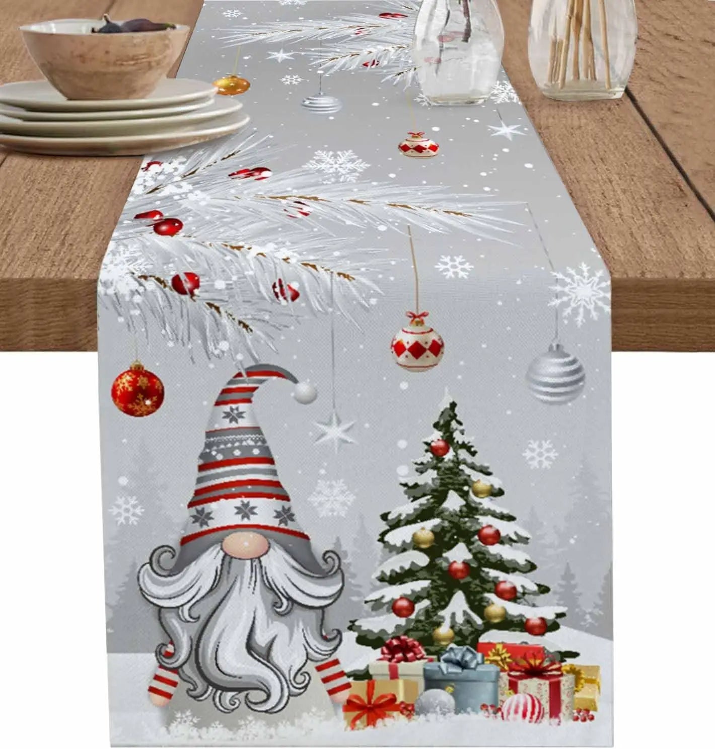 Christmas Blue/Pink/Gray Gnomes Linen Table Runner