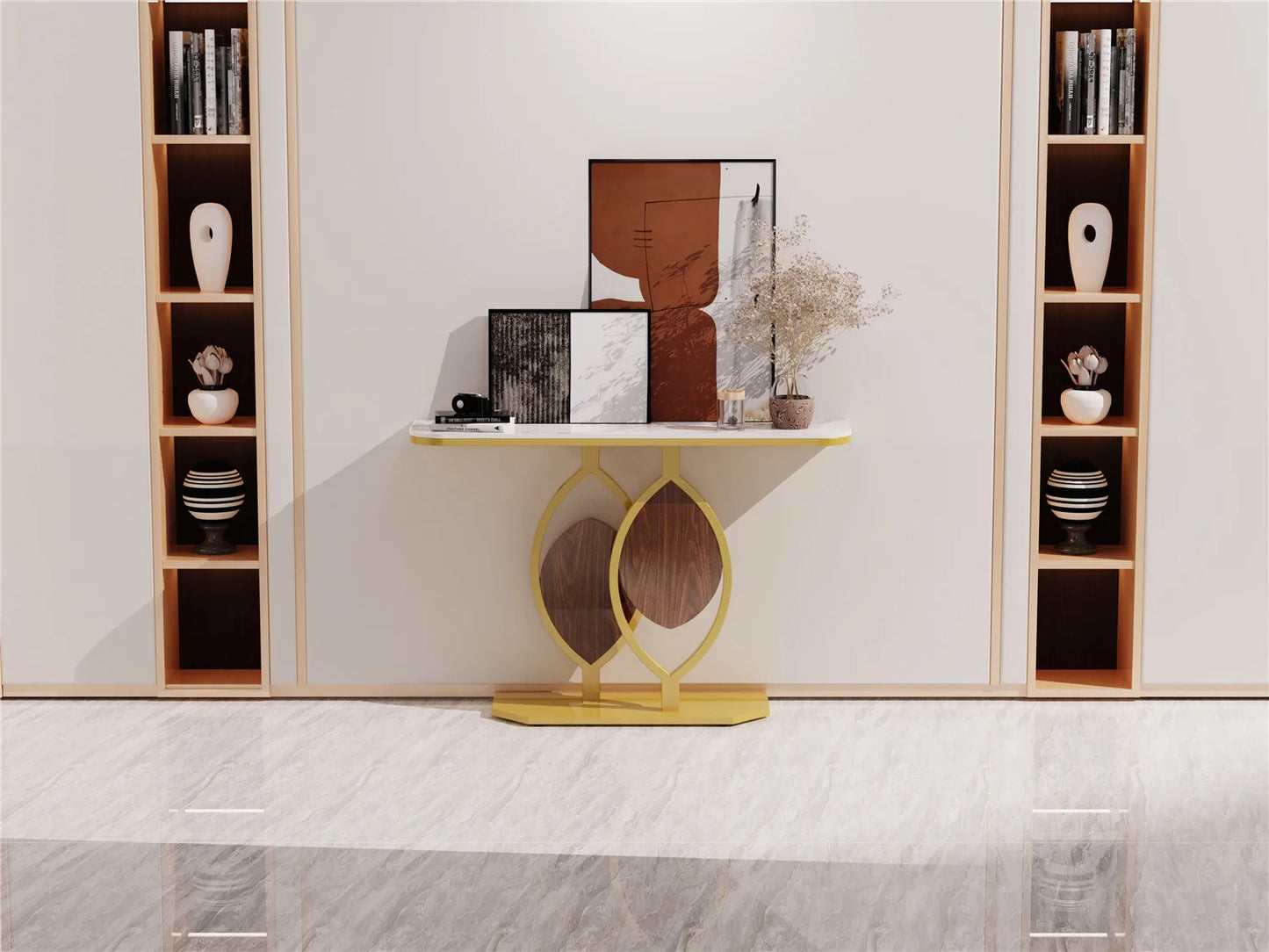 Modern Gold Console Table with Geometric Metal Base