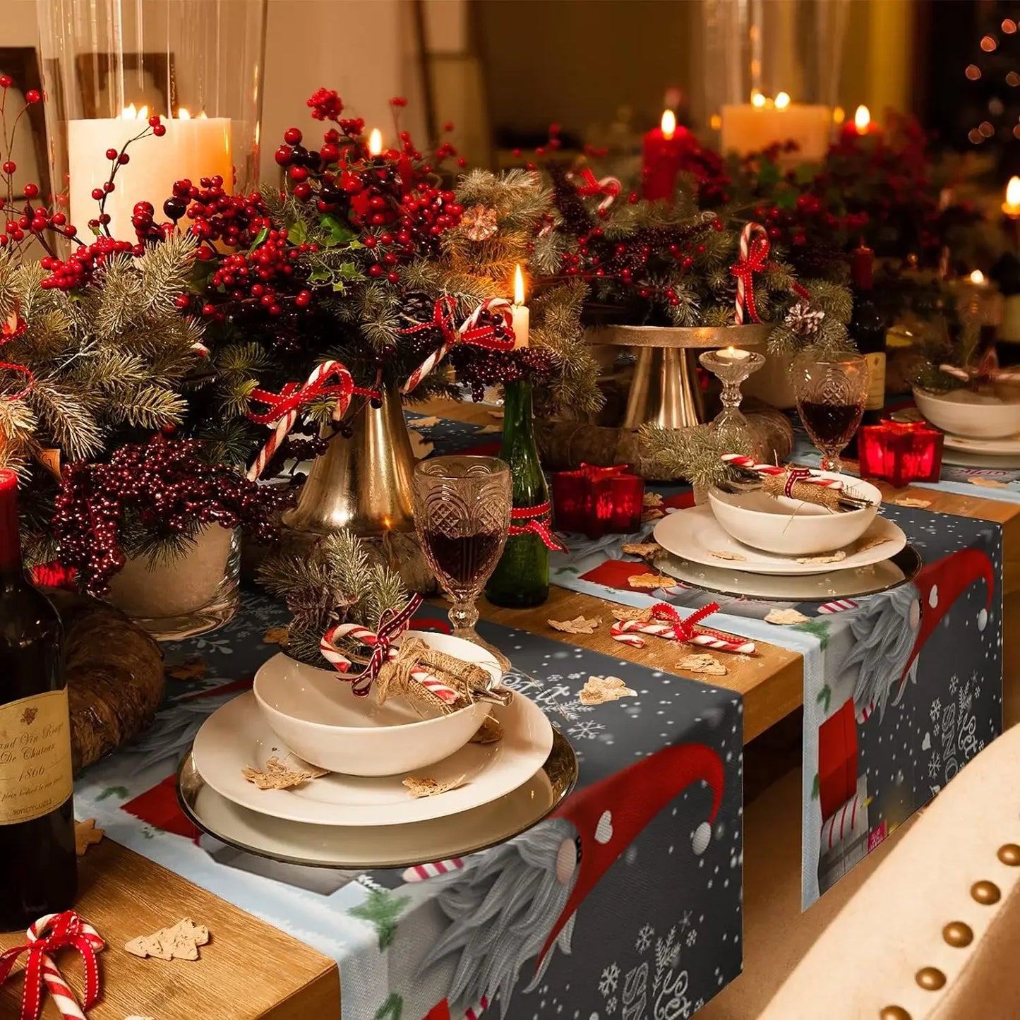 Christmas Gnome Snowflake Linen Table Runner