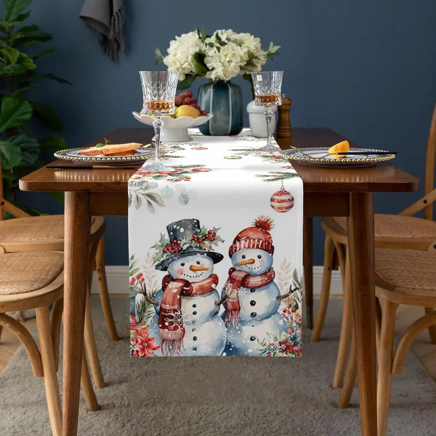 Christmas Snowman Pine Cone Poinsettia Linen Table Runner