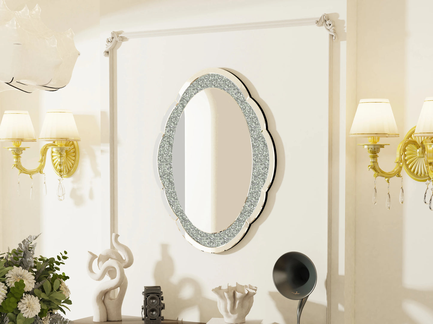 Silver Wall Mirror With Crush of Diamonds