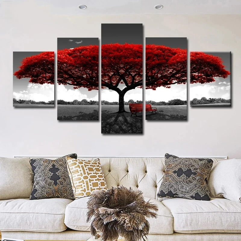 5 Panels Wall Art Canvas Abstract Red Tree