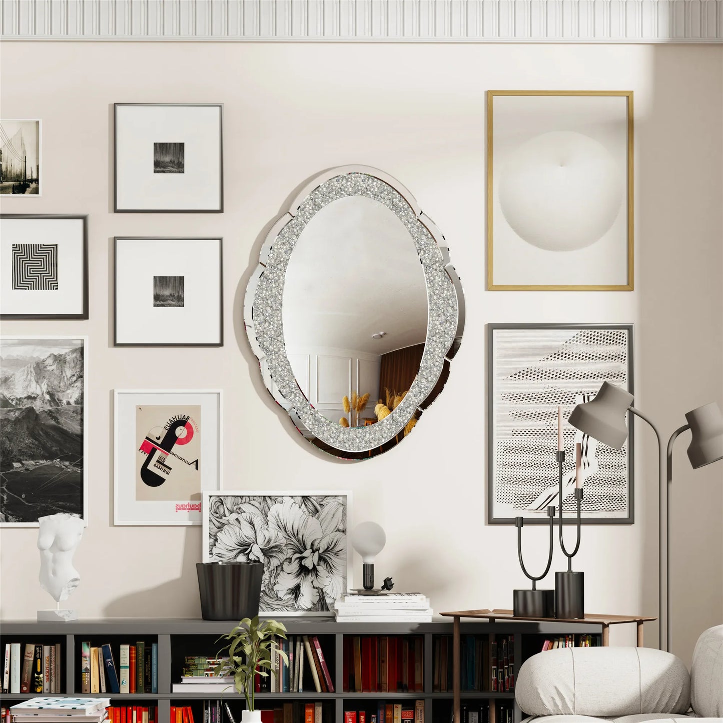 Silver Wall Mirror With Crush of Diamonds