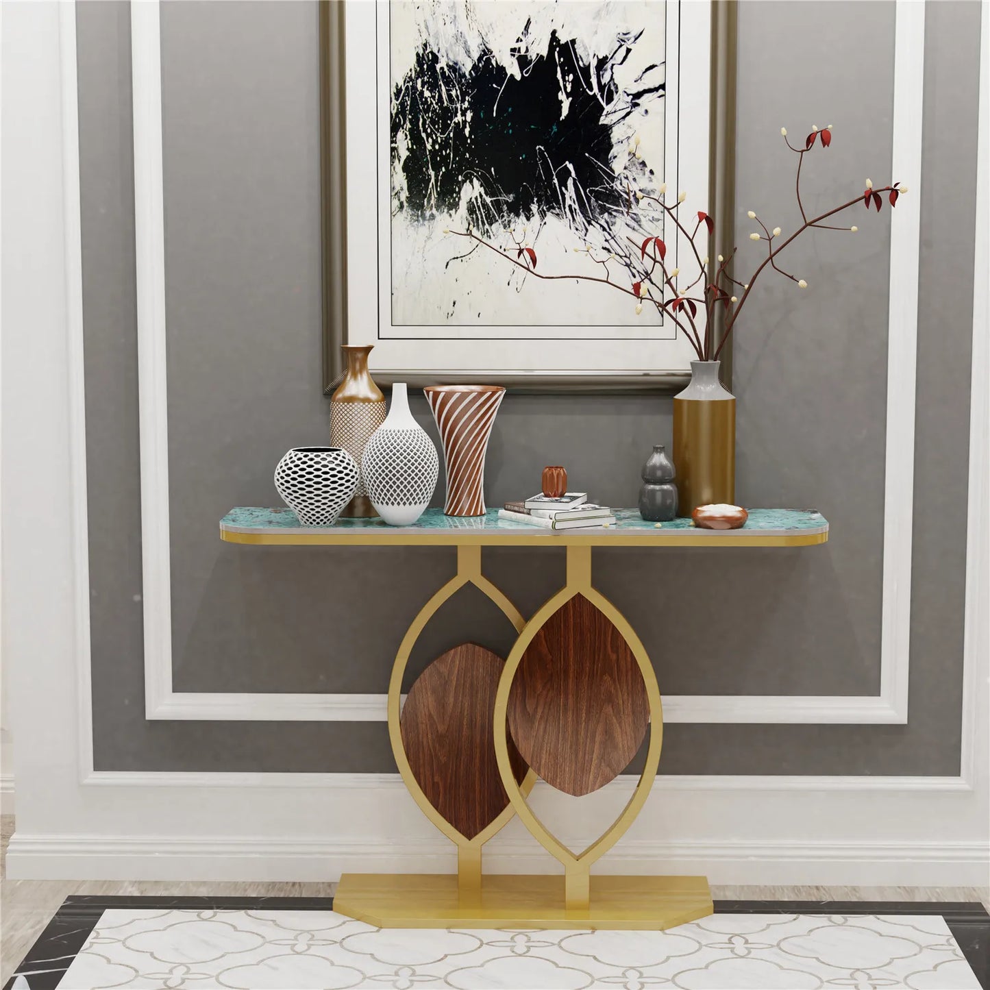 Modern Gold Console Table with Geometric Metal Base