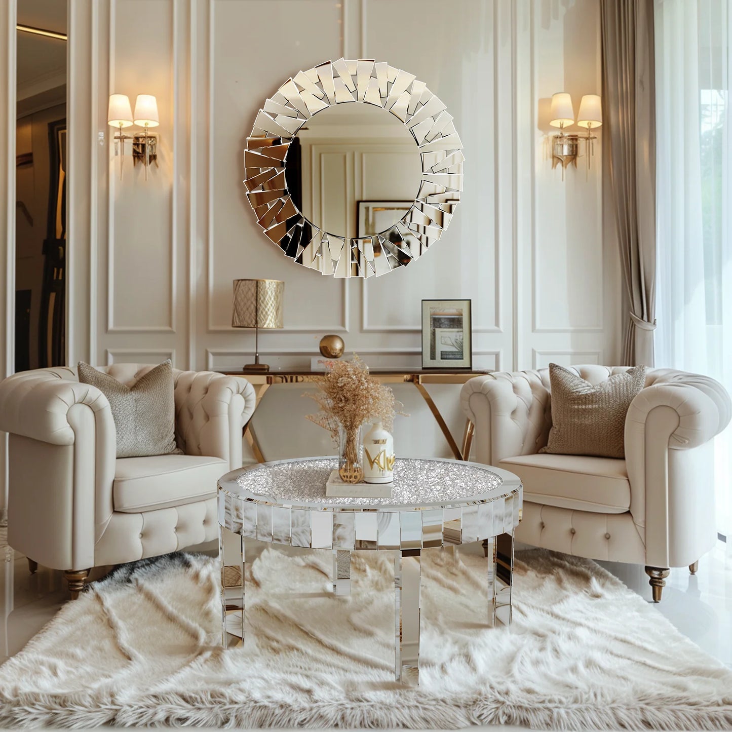 Mirrored Coffee Table with Crystal Inlay