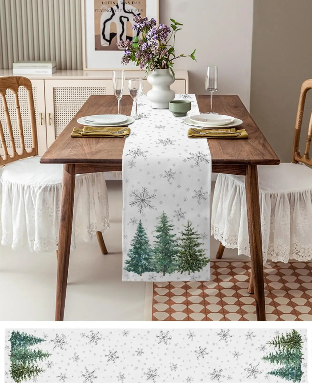 Winter Snowflake Tree Linen Table Runner