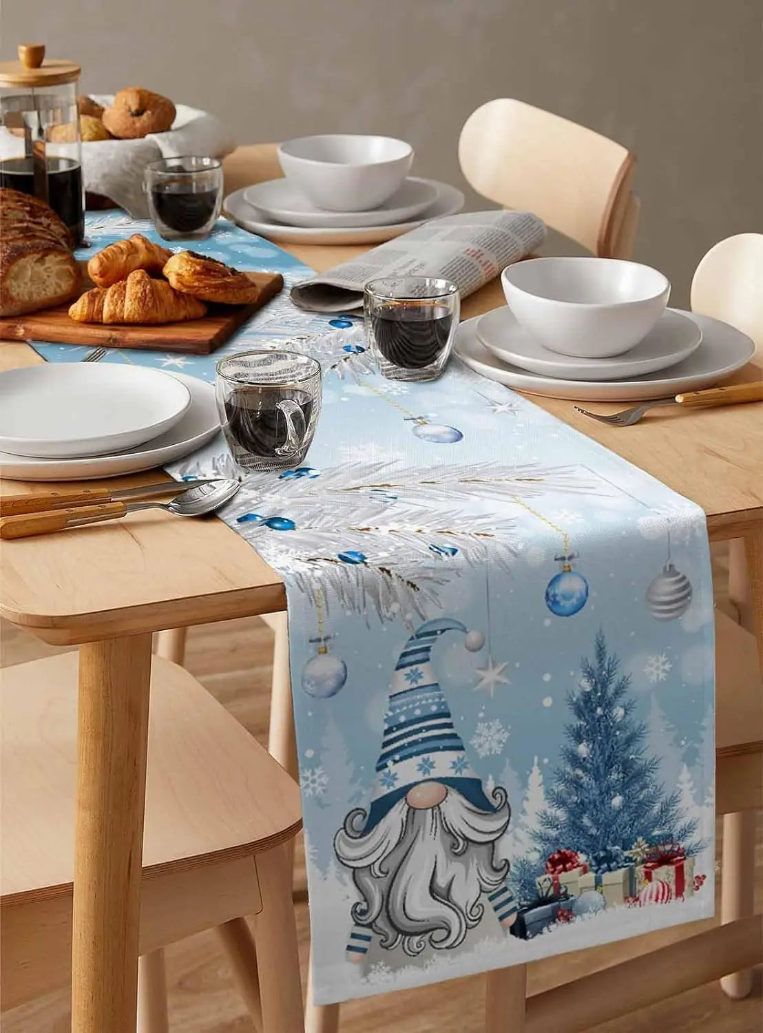 Christmas Blue/Pink/Gray Gnomes Linen Table Runner