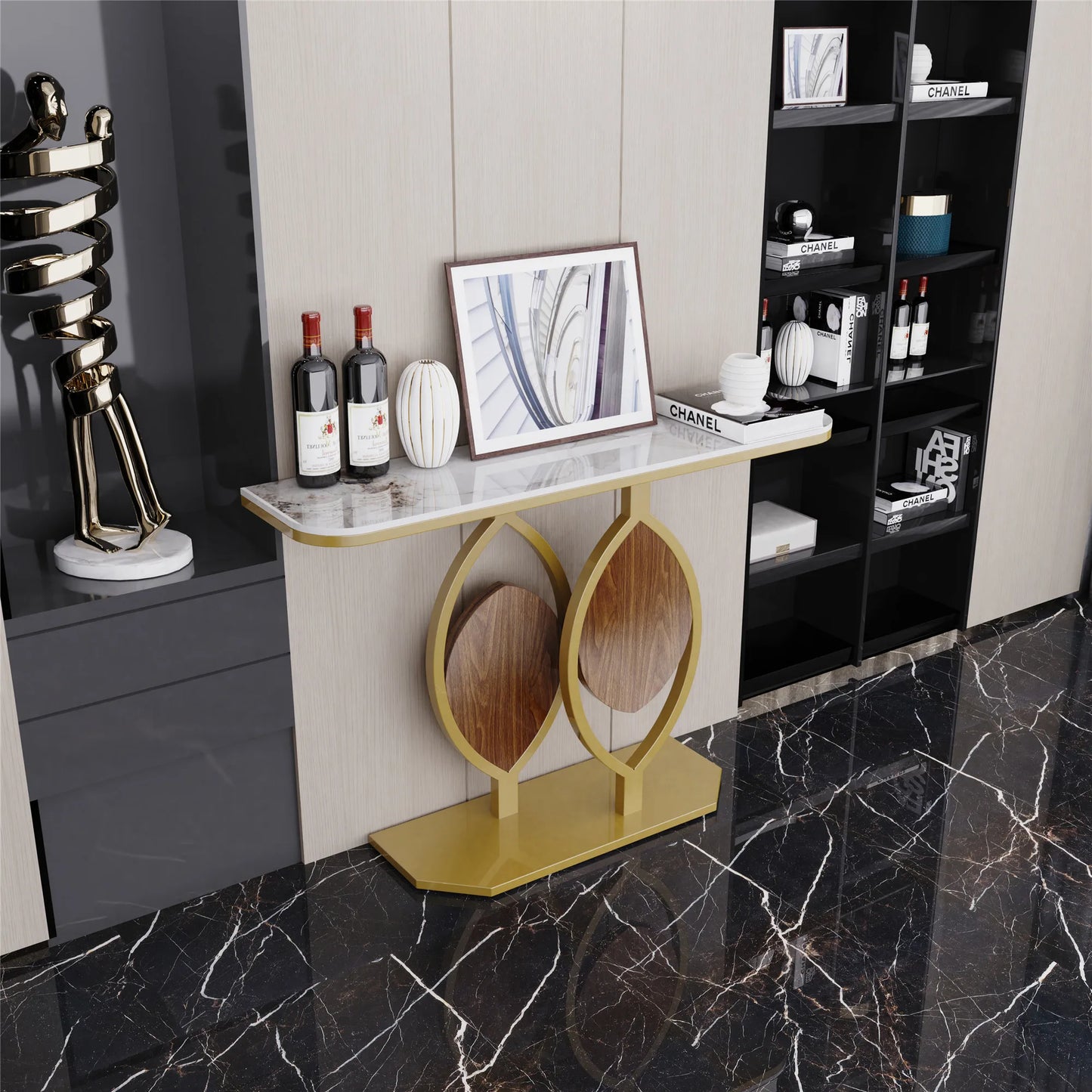 Modern Gold Console Table with Geometric Metal Base