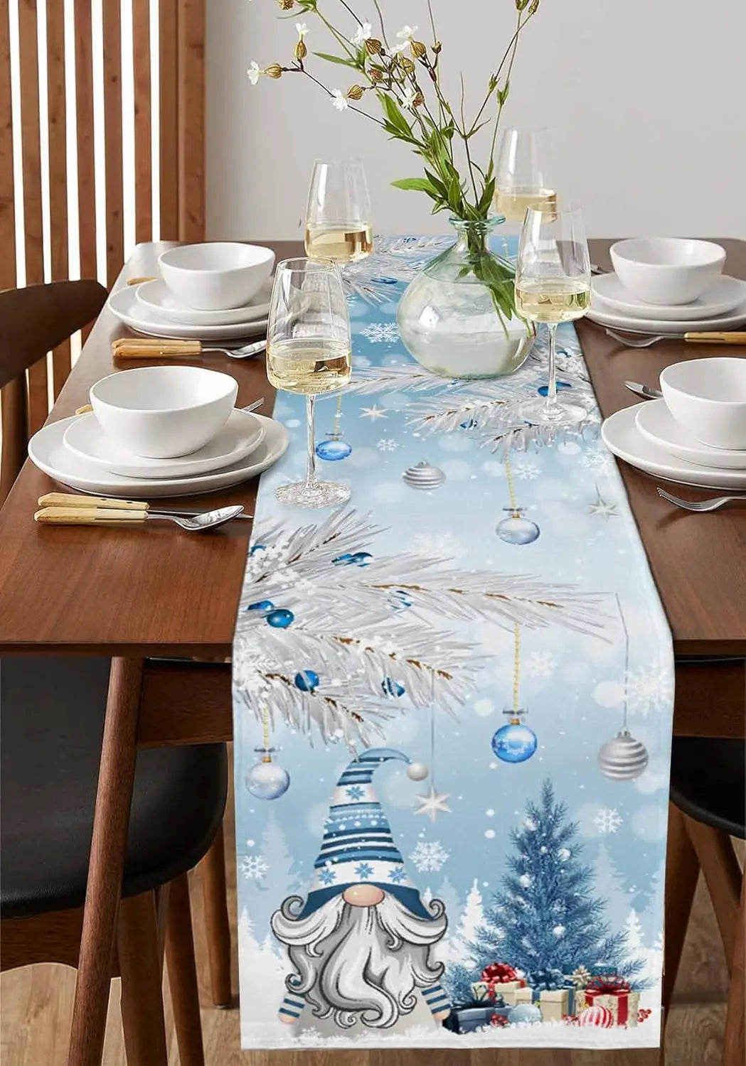 Christmas Blue/Pink/Gray Gnomes Linen Table Runner