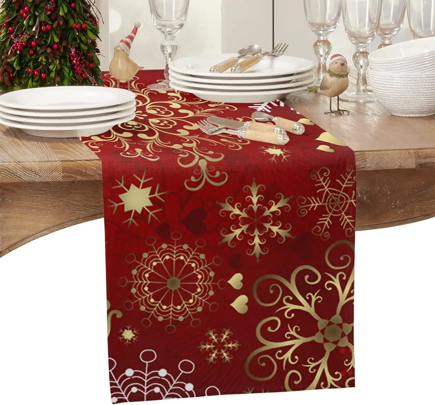 Christmas Snowflake Stars Linen Table Runners