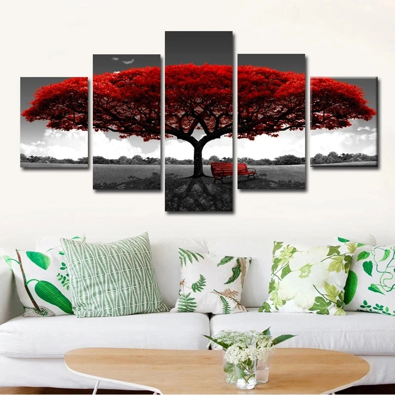 5 Panels Wall Art Canvas Abstract Red Tree