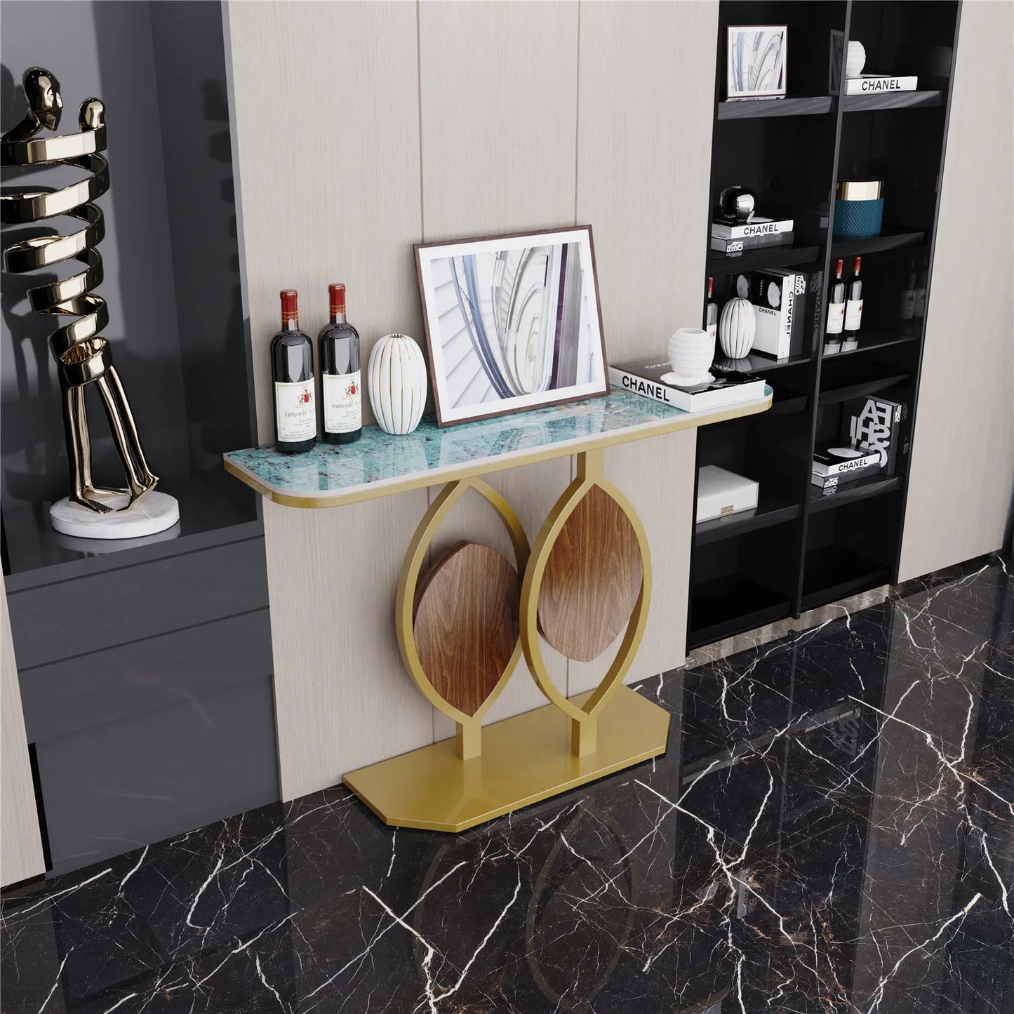 Modern Gold Console Table with Geometric Metal Base