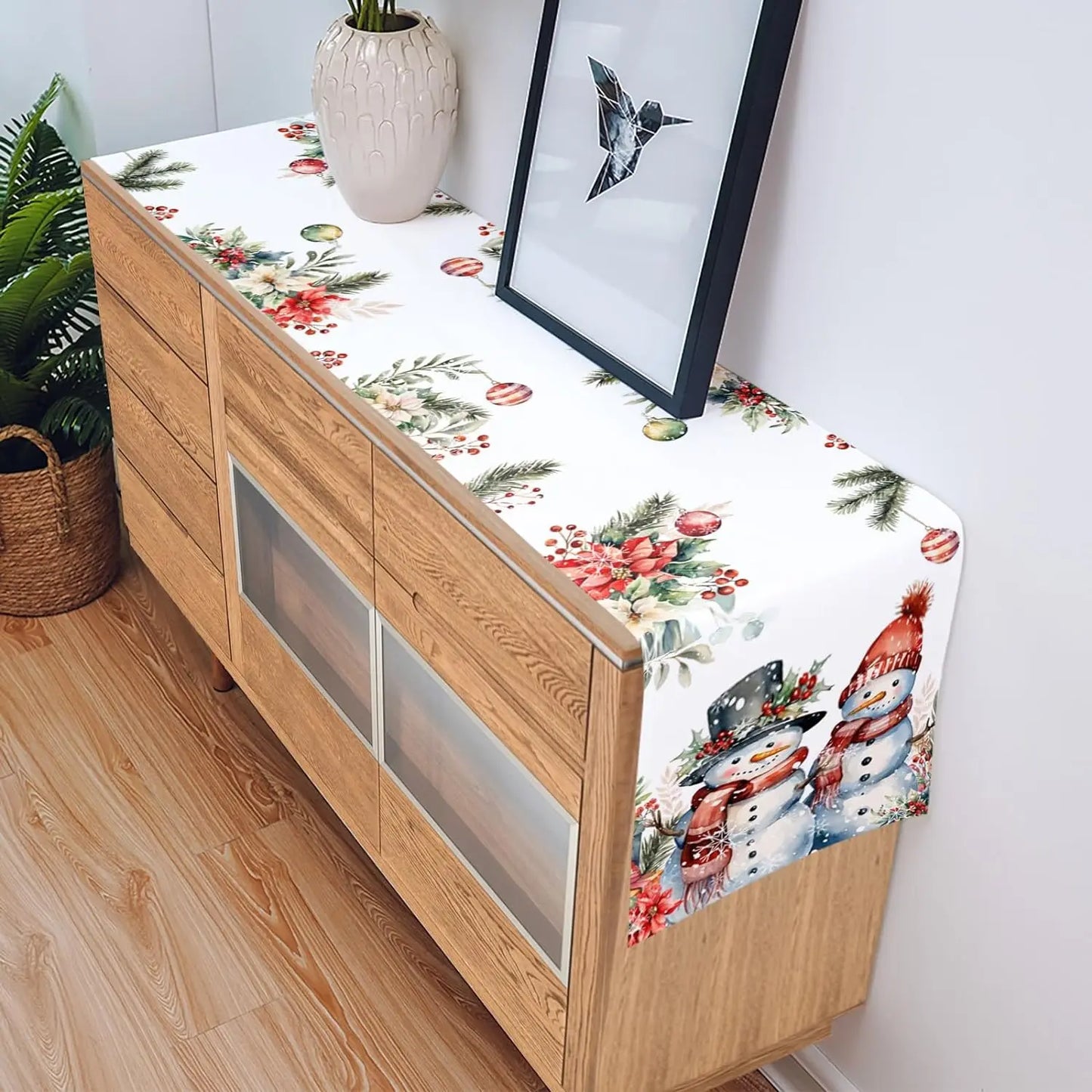 Christmas Snowman Pine Cone Poinsettia Linen Table Runner