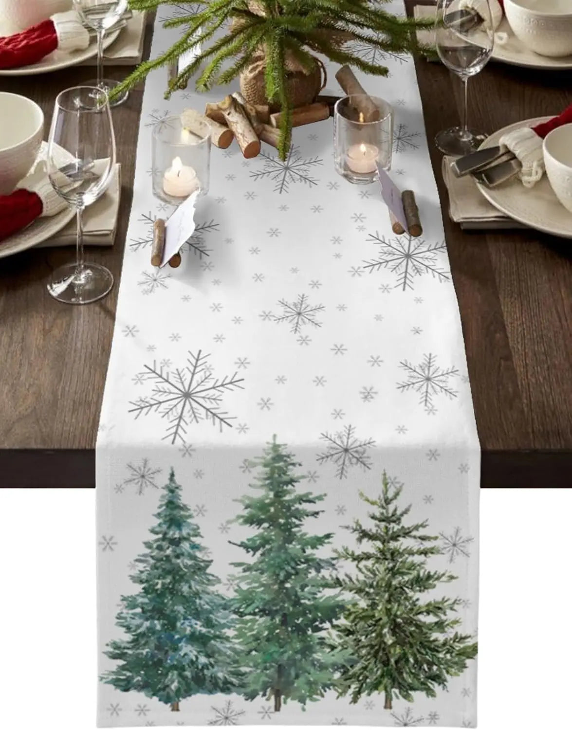 Winter Snowflake Tree Linen Table Runner