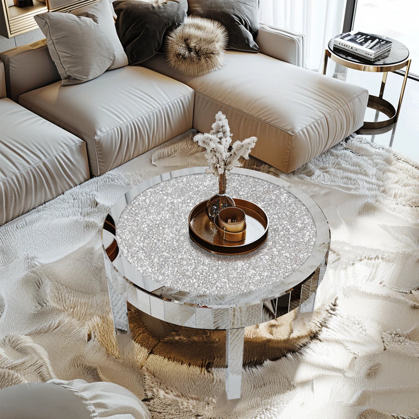 Mirrored Coffee Table with Crystal Inlay